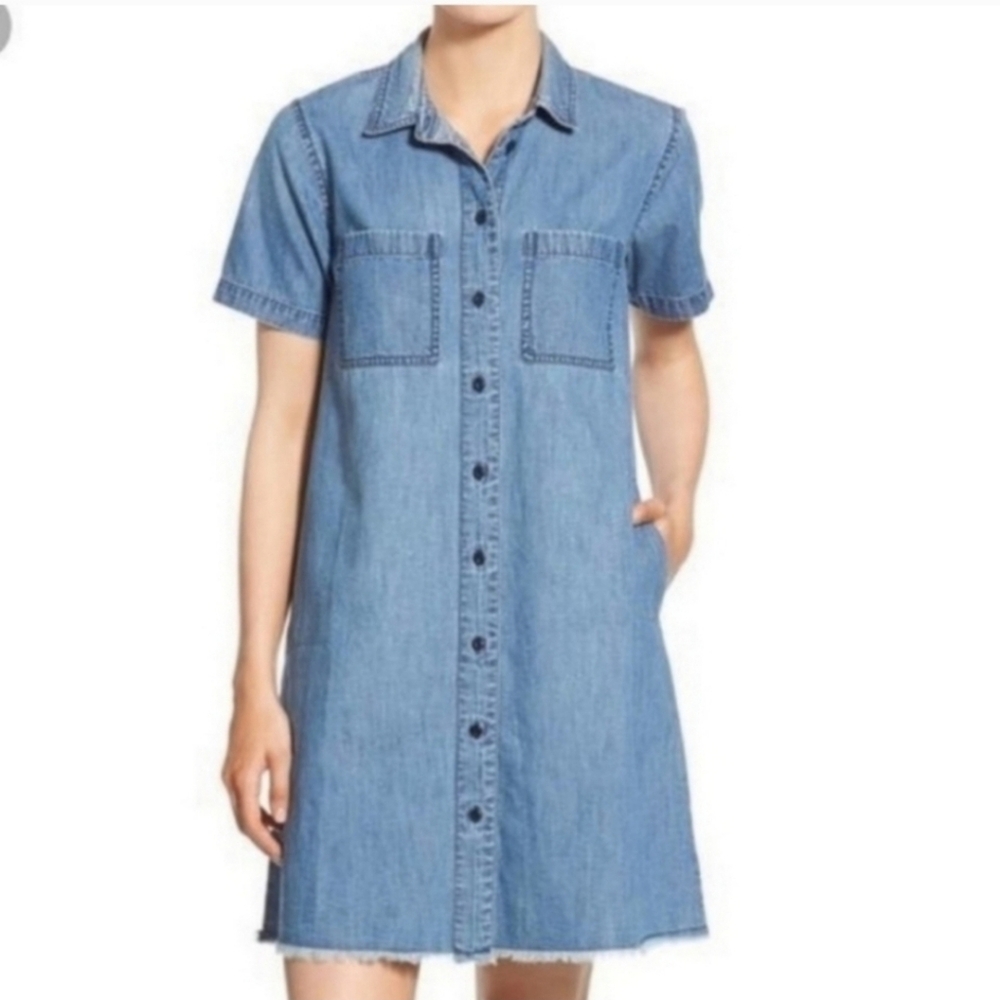 Madewell Denim Chambray Button Front Raw Hem Shirt Dress XXS Blue